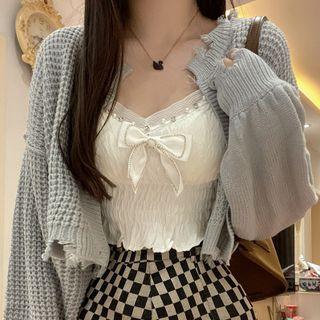 V-neck Bow Accent Camisole Top / Long-sleeve Knit Cardigan