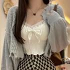 V-neck Bow Accent Camisole Top / Long-sleeve Knit Cardigan