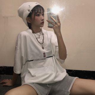 Lettering Round Neck Elbow-sleeve T-shirt