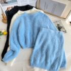 Set: Furry-knit Cropped Sweater + High-waist Mini Skirt