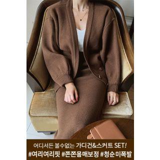 Set: Double-breasted Puff-sleeve Cardigan + Band-waist Long Skirt