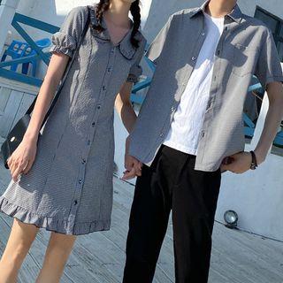 Couple Matching Short-sleeve Plaid Shirt / Mini A-line Dress