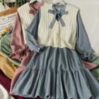 Set: Button-up Cable-knit Vest + Ribbon-neckline Corduroy Midi Dress In 6 Colors
