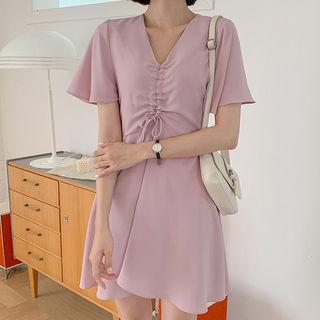 Drawstring-front Flutter-sleeve Flare Dress