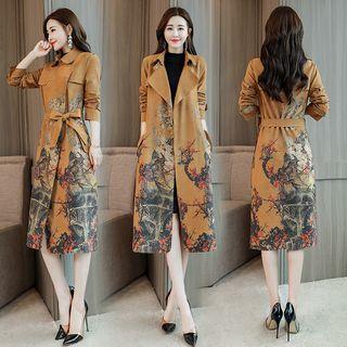 Floral Print Open Front Trench Coat With Sash