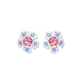 Fashion And Elegant Plated Gold Enamel Flower Stud Earrings With Pink Cubic Zirconia Golden - One Size