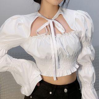 Ruched Tie-front Long Puff-sleeve Crop Top