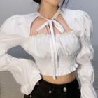 Ruched Tie-front Long Puff-sleeve Crop Top