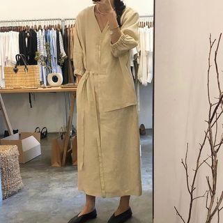 3/4-sleeve Asymmetric Buttoned Midi Dress Beige - One Size