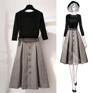 Set: Plain 3/4-sleeve T-shirt + Plaid Midi A-line Skirt