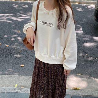 Set: Lettering Sweatshirt + Flower Print Midi A-line Skirt
