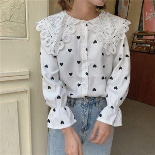 Lace Doll Collar Printed Heart Long-sleeved Shirt