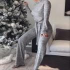 Set: Long-sleeve Tie-waist T-shirt + Straight Leg Pants