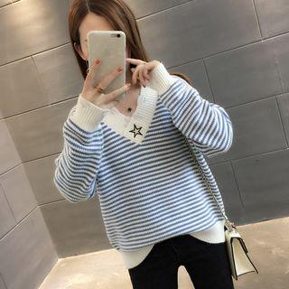 Striped Star Pattern V-neck Sweater