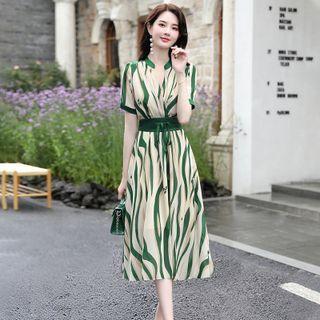 Short-sleeve Print Chiffon Midi A-line Dress