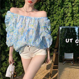Off-shoulder Floral Print Blouse Light Blue - One Size