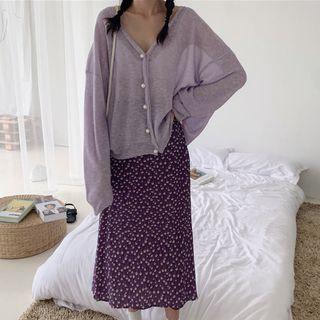 Long-sleeve Faux Pearl Buttoned Knit Top / Floral Midi Skirt