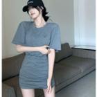Short-sleeve Plain Top / Shirred Mini Skirt