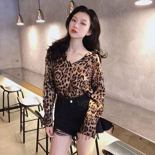 Leopard-print V-neck Shirt As Figure - One Size