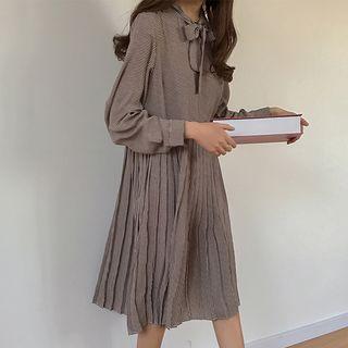 Pleated Long-sleeve Midi Dress