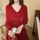 V-neck Balloon-sleeve Velvet Midi A-line Dress Wine Red - One Size