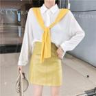 Set : V-neck Shawl Long-sleeve Top + High-waist A-line Skirt