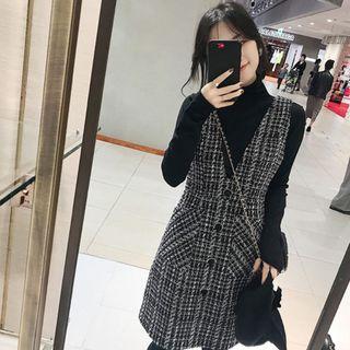 Set: Mock-turtleneck Long-sleeve Top + V-neck Tweed Pinafore Dress