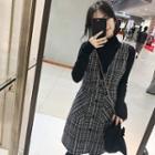 Set: Mock-turtleneck Long-sleeve Top + V-neck Tweed Pinafore Dress