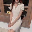 Short-sleeve Open-collar Mini Sheath Dress