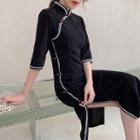 3/4-sleeve Lace Trim Midi Qipao Dress