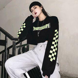Lettering Cropped Sweatshirt / Butterfly Print Harem Sweatpants