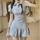 Short-sleeve Collar Ruffle Hem Mini Sheath Dress