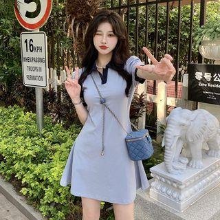 Polo-neck Two-tone Mini Dress