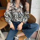Long-sleeve Off-shoulder Zebra Print Chiffon Shirt