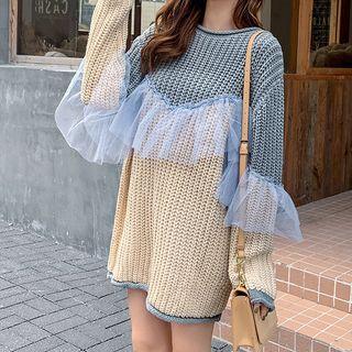 Mesh Panel Two-tone Long Chunky Knit Sweater