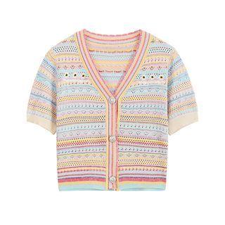 Short-sleeve Striped Pointelle Knit Top Blue & Yellow & Red - One Size