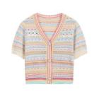 Short-sleeve Striped Pointelle Knit Top Blue & Yellow & Red - One Size