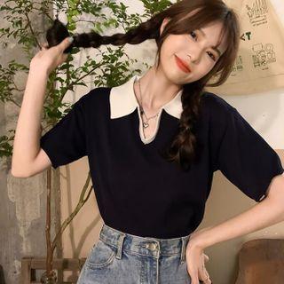 Short-sleeve Lapel Oversize Knit Top