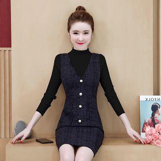 Set: Long-sleeve Mock-neck Knit Top + Tweed Mini Sheath Pinafore Dress