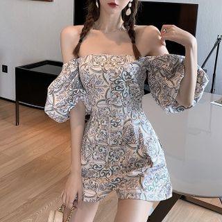 Off-shoulder Print Wide-leg Romper