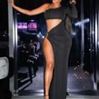 Long-sleeve One-shoulder Metal-accent Cutout Maxi Dress