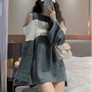Cold Shoulder Two Tone Sweater