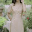 Short-sleeve Square Neck Embroidered Midi A-line Dress