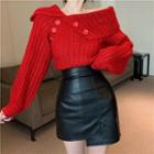 Plain Loose-fit Off-shoulder Puff-sleeve Knit Sweater