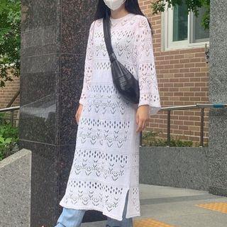 Long-sleeve Crochet Dress White - One Size