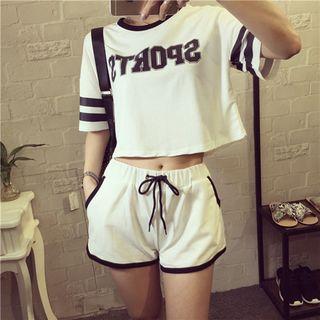 Set: Lettering Cropped Short Sleeve T-shirt + Drawstring Shorts
