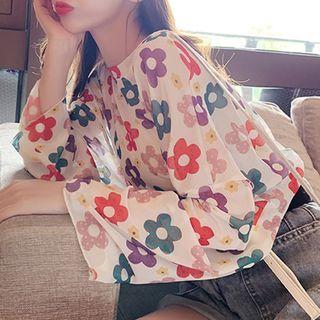 Long-sleeve Flower Print Chiffon Top