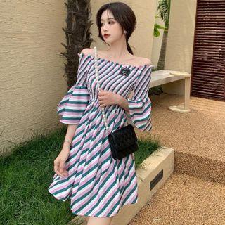 Boatneck Bell-sleeve Striped Mini Dress