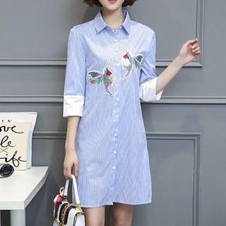 Embroidered Striped 3/4-sleeve Shirt Dress