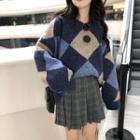 Diamond Sweater / Plaid Mini A-line Pleated Skirt